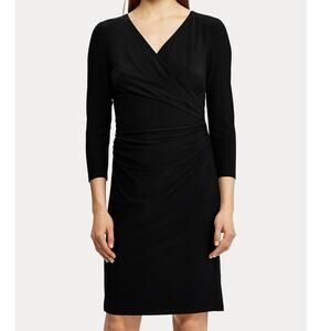 Lauren Ralph Lauren LRL Black Jersey Three-Quarter Sleeve Faux Wrap Ruched Dress